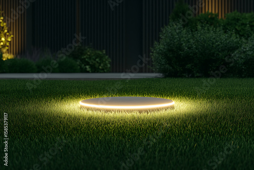 Outdoor LED pathway light illuminates a green lawn at night, with shrubs and a dark building in the background, creating a warm, inviting ambiance.