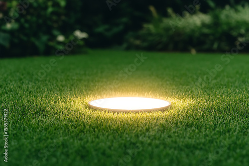 Lawn light: A circular ground light illuminates the green lawn, creating a warm, inviting ambiance in the outdoor space.