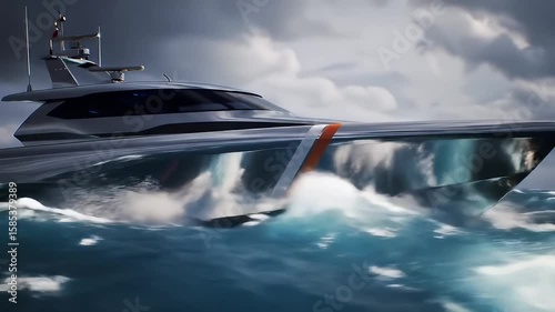 Luxury Motor Yacht Navigating Rough Seas Under A Stormy Sky with White Foamy Waves