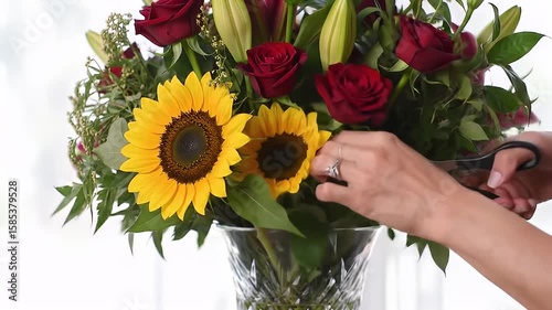 Close Up View of a Hand Cutting Fresh Flowers in a Crystal Vase Displaying Red Roses and Yellow Sunflowers