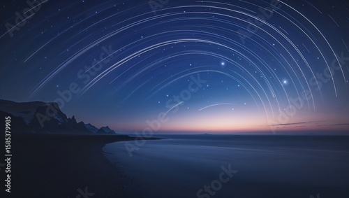 Arcing star trails painting twilight sky across curved shoreline at bay, with silhouetted mountains