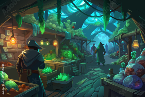 Hidden Subterranean Market with Bioluminescent Fungi