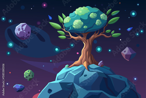 A Lone Giant Tree That Grows on a Small Asteroid in Space