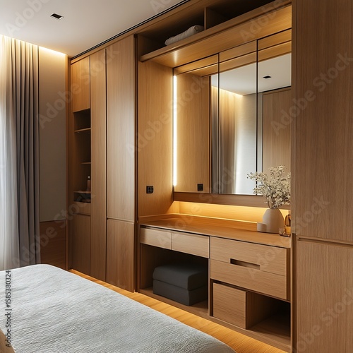 A bedroom with a built in wardrobe