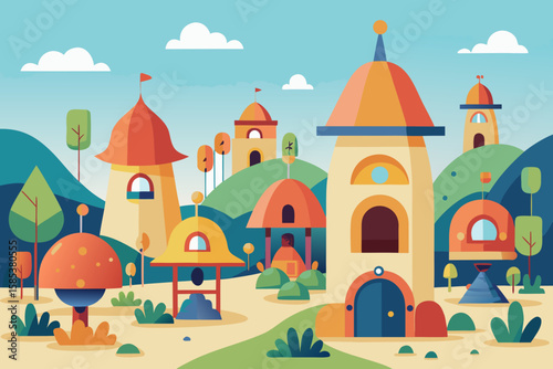 A Minimalist Cartoon Village with a Giant Central Clock Tower