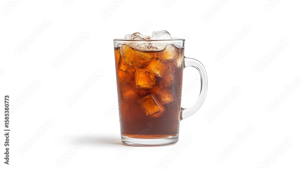 Iced beverage in a clear glass mug on a white background. The beverage looks refreshing with its cool tone and ice. Perfect for a hot summer day! Iced beverage in a clear glass mug on a white background. The beverage looks refreshing with its cool tone and ice. Perfect for a hot summer day!