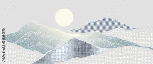 Mountain hill and texture background vector. Abstract Mountain landscape with grunge, dot halftone pattern, moon, sun. Wallpaper design for print, wall art, cover and interior.