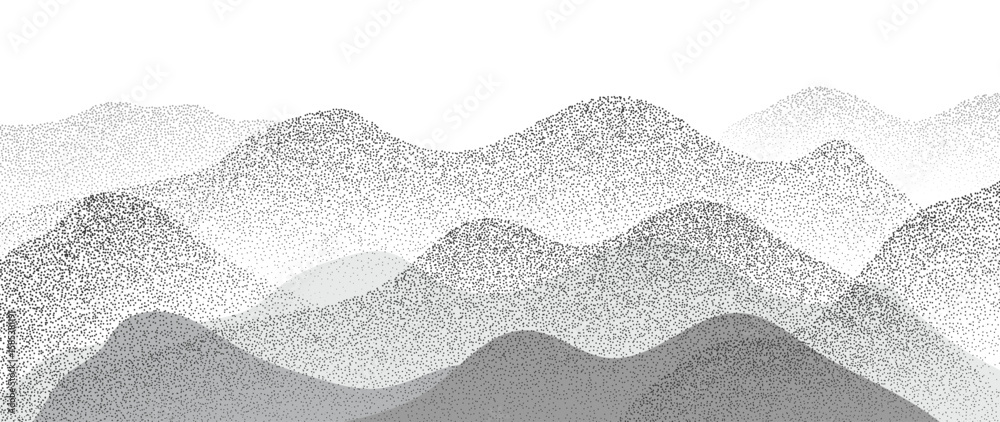 Obraz premium Mountain hill and texture background vector. Abstract Mountain landscape with grunge, dot halftone pattern, spot. Wallpaper design for print, wall art, cover and interior.