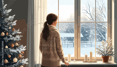 Girl by Frosted Window in Minimalist Winter Scene