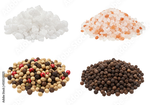 A colorful assortment of salt and peppercorns isolated on transparent background