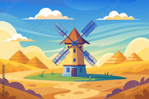 A Picturesque Windmill with Fluttering Sails