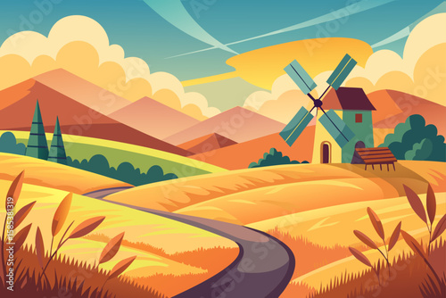 Peaceful Countryside Scene with a Solitary Windmill