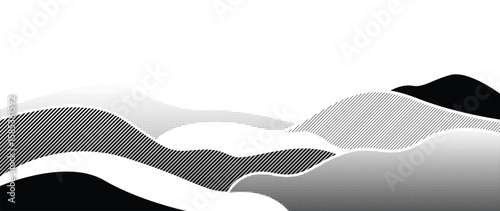 Mountain hill and texture background vector. Abstract Mountain landscape with line art, pencil line, grunge, dot halftone pattern. Wallpaper design for print, wall art, cover and interior.