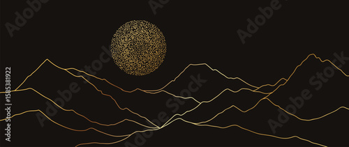 Mountain background vector. Abstract Mountain landscape with gold dot line art, wavy, curve, sun. Wallpaper design for print, wall art, cover and interior.
