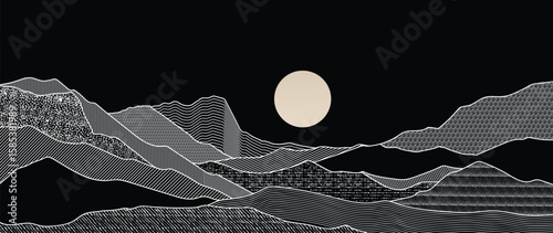 Mountain hill and texture background vector. Abstract Mountain landscape with line art, pencil line, grunge, dot halftone pattern, sun, moon. Wallpaper design for print, wall art, cover and interior.
