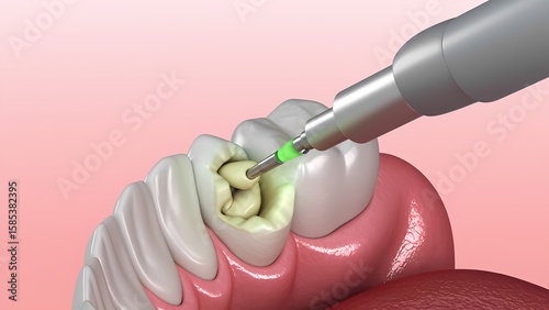 Dental procedure demonstration tooth filling technique dental office educational animation clinical environment close-up view oral health