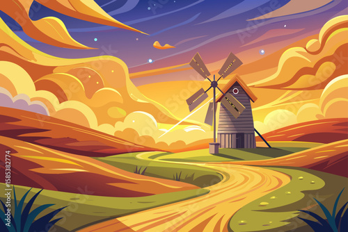 A Wooden Windmill Spins Slowly Under a Bright Sky