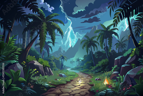 An Enchanted Tropical Forest Path Curving Between Trees