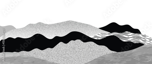 Mountain hill and texture background vector. Abstract Mountain landscape with line art, pencil line, grunge, dot halftone pattern, spot. Wallpaper design for print, wall art, cover and interior.