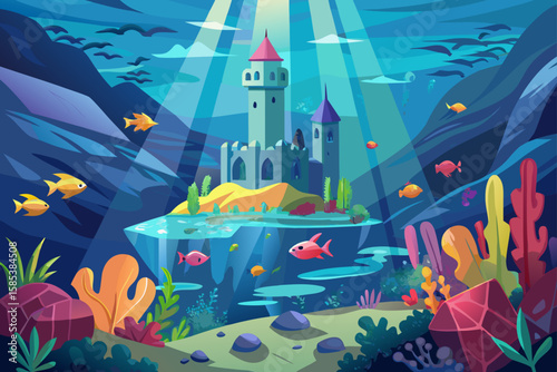 An Underwater Cartoon Kingdom with a Majestic Coral Castle