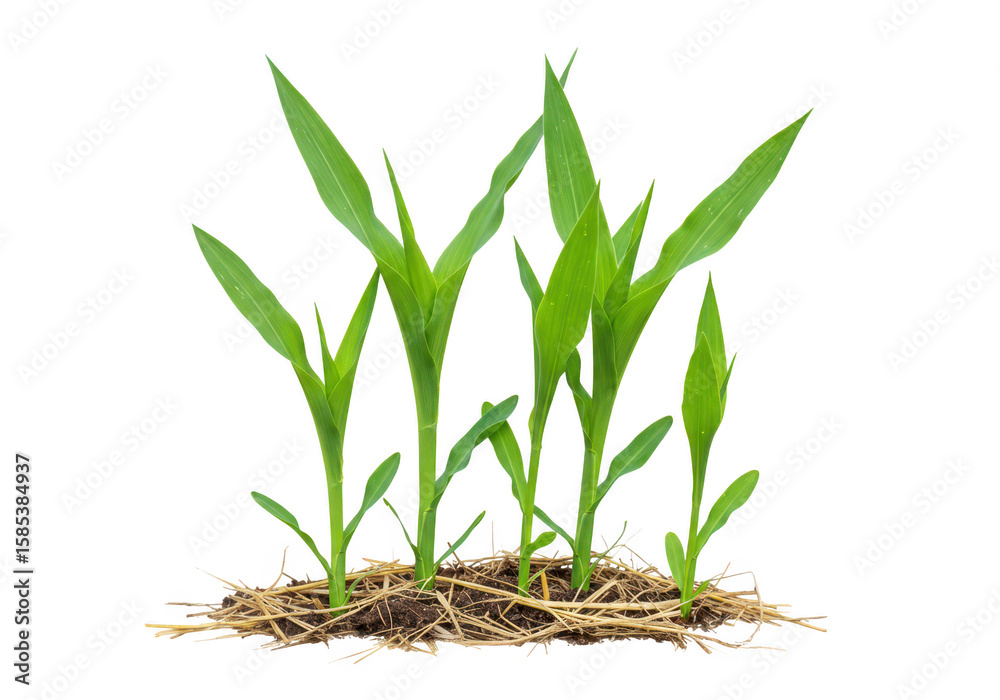 Fototapeta premium Young corn plants are growing in soil and straw, isolated on transparent background