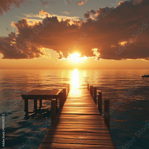 A beautiful sunset over a secluded cove, golden reflections dancing on the calm water, a wooden pier extending into the sea, ultra-realistic