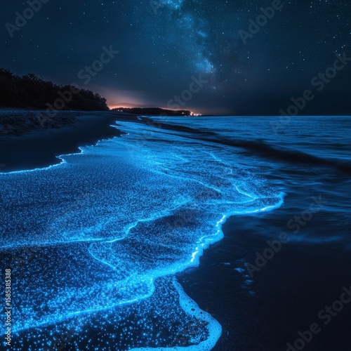 A bioluminescent beach at night, glowing blue waves washing up onto the dark sand, millions of stars reflecting on the water, surreal and magical, ultra-HD