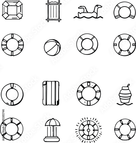 Pool & Shore Symbols  Monochrome Icon Grid Featuring Life Preservers, Swan Floats, Gem, Suitcase, Buoy, Fence, and Vacation Details
