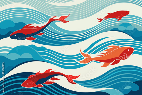 Soothing Ripple Waves with Koi Silhouettes Fading