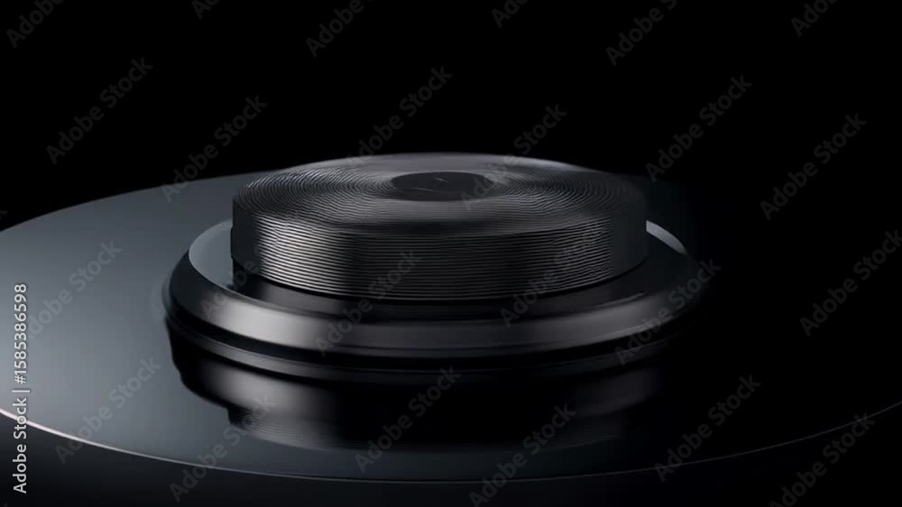 Closeup of black vinyl turntable platter on dark background Closeup of black vinyl turntable platter on dark background
