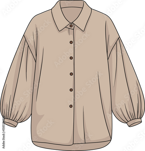  Stylish women's oversized long sleeve button-up shirt, trendy loose-fit blouse with voluminous sleeves, casual fashion apparel flat sketch, modern clothing 