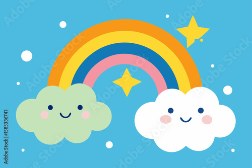 Cute Cartoon Doodle Background with Stars and Clouds