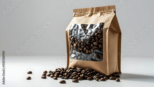 Kraft paper coffee beans packaging isolated on transparent background  