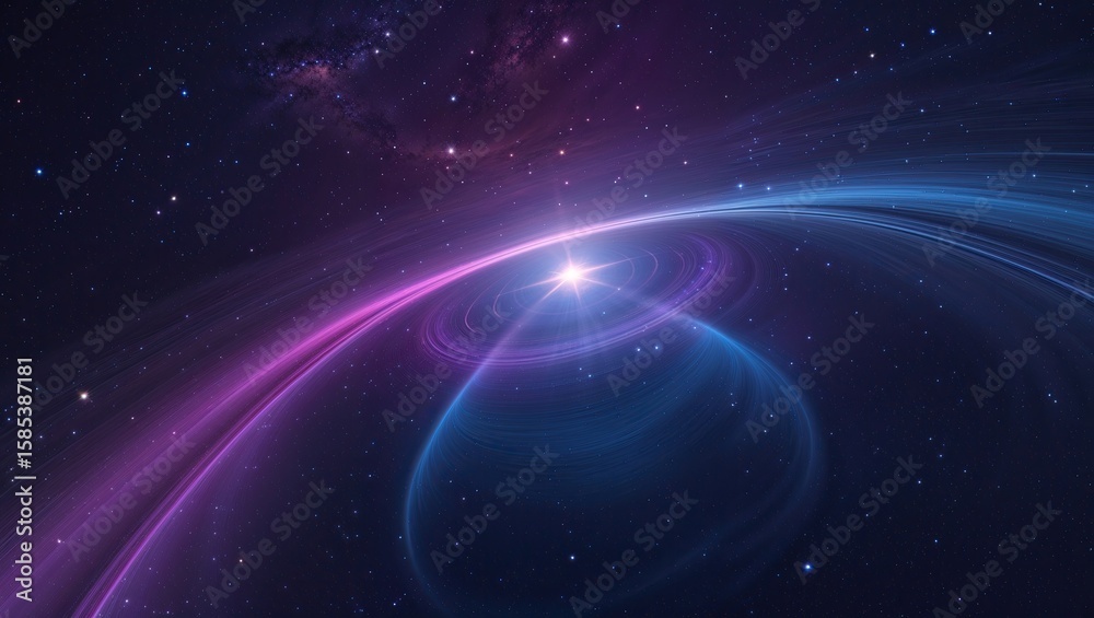 Obraz premium Glowing central star casting neon pink and blue swirling rings in deep space, with distant stars