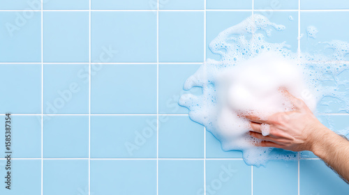 Cleaning tiles with foamy cleaner. The hand is holding a sponge with foam on the blue squared tile wall. The tiles are shiny and wet. © A2Z AI 