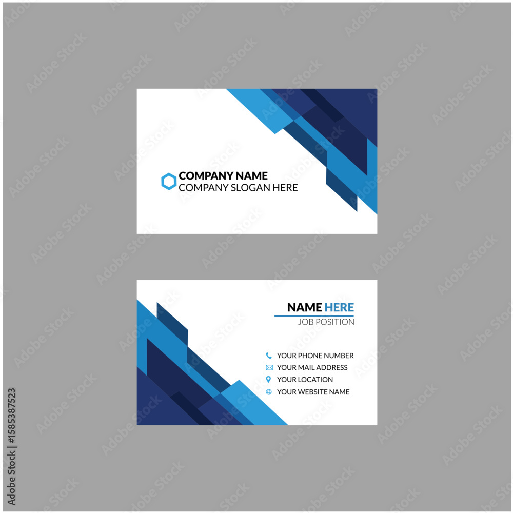 Naklejka premium This is a modern, corporate business card with a sleek blue geometric design. It’s clean, professional, and ideal for branding, featuring company name, slogan, contact info, and job position.