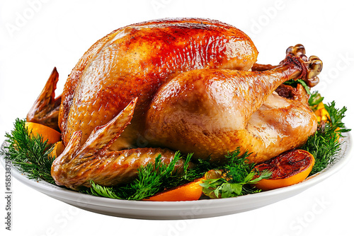 Baked whole turkey on a dish, isolated on a transparent background. 