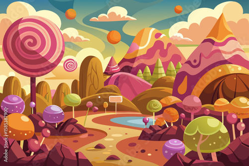 Fantasy Candy Land with Jellybean Hills and a Chocolate River