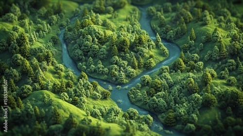 Lush green valley with winding river