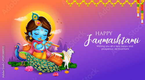Lord Bal Krishna in the religious festival background of India for Shri Krishna Janmashtami celebration