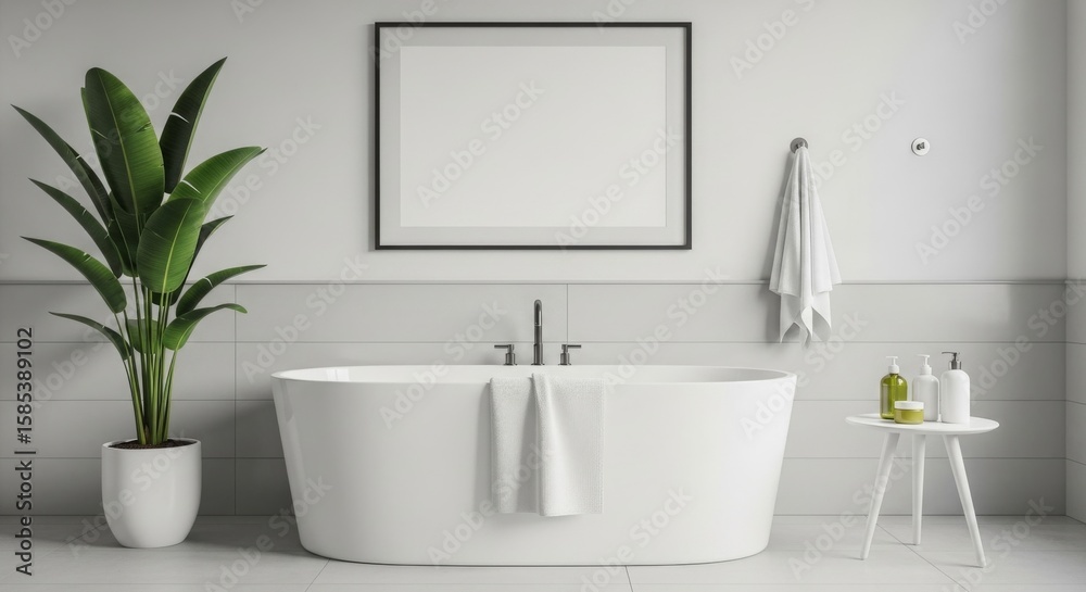 Fototapeta premium Modern bathroom featuring a sleek freestanding tub, minimalistic decor, and a serene atmosphere