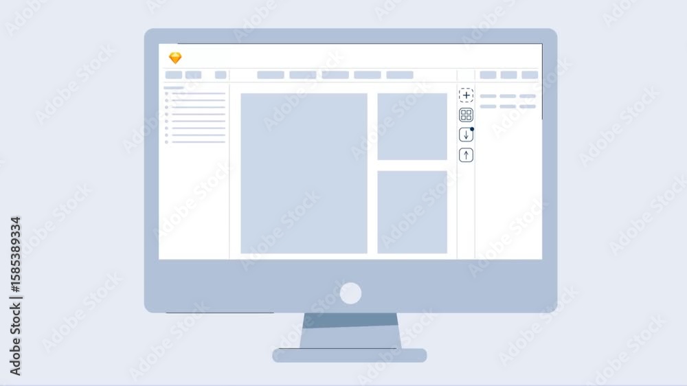 Computer screen with website layout and wireframe design showing UI/UX development in digital animation