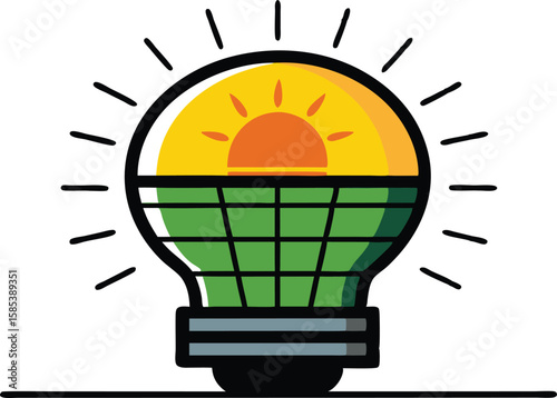 An illustration of solar panels on a rooftop, often accompanied by elements like sun rays or a house, symbolizing renewable energy and sustainability