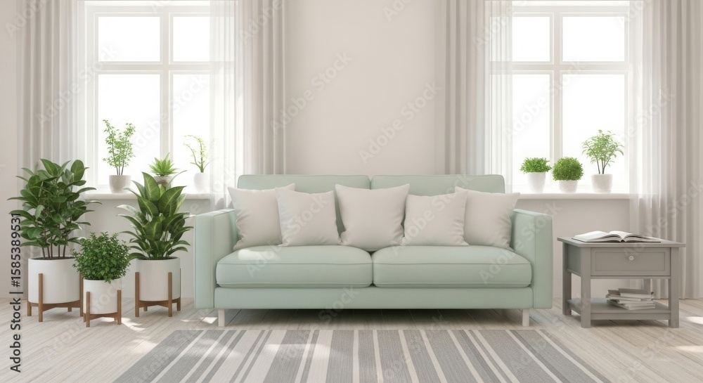 Fototapeta premium Modern living room with a mint green sofa, decorative pillows, potted plants, and natural light