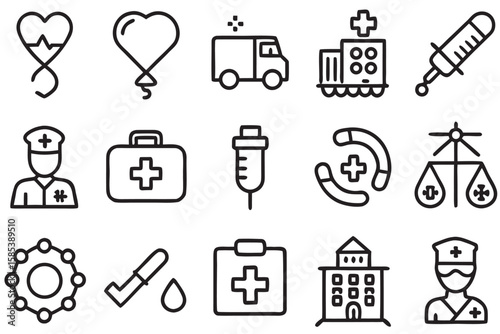 Medical healthcare icons including heart pulse D N A ambulance hospital nurse vector