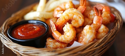 A basket of fried shrimp with cocktail sauce 