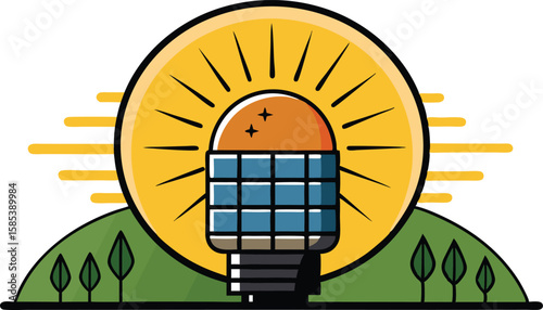 An illustration of solar panels on a rooftop, often accompanied by elements like sun rays or a house, symbolizing renewable energy and sustainability