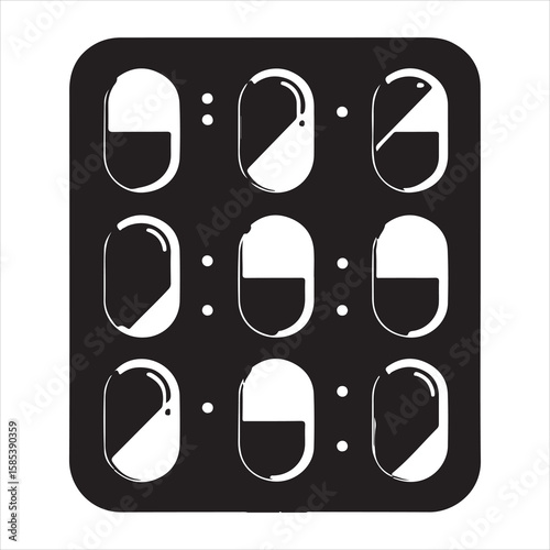 Minimalist black silhouette of pills in blister pack on a white background, clean vector design 