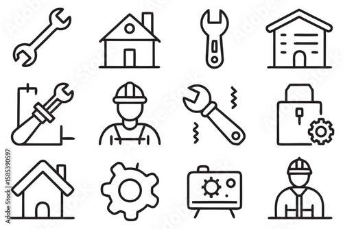 Set of simple line icons for construction and repair tools and symbols wrench spanner