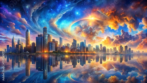 Futuristic Cityscape Reflection: Vibrant Sunset, Cosmic Sky, Fantasy Metropolis